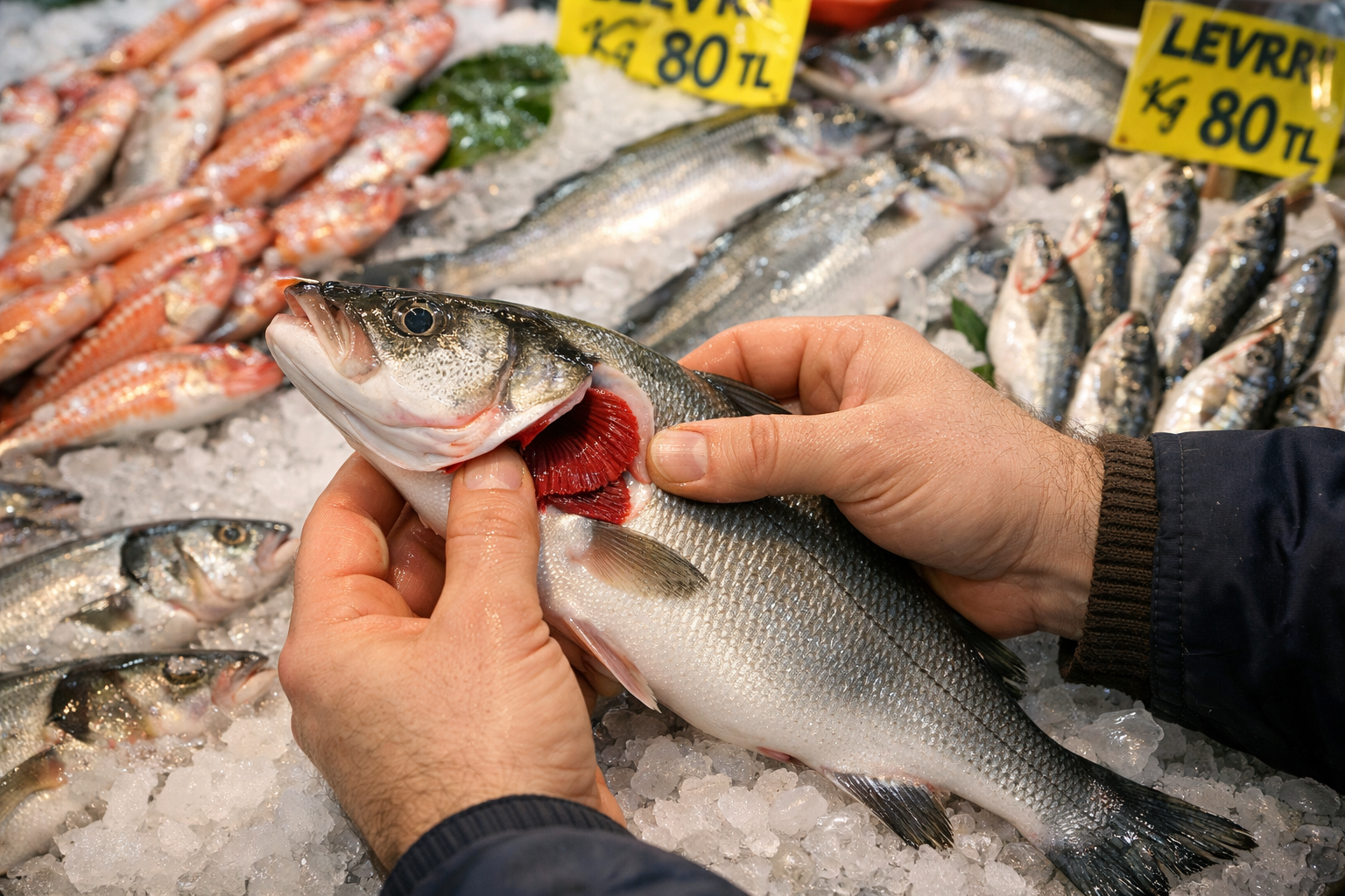 Balık tezgahında taze ürün incelemesi